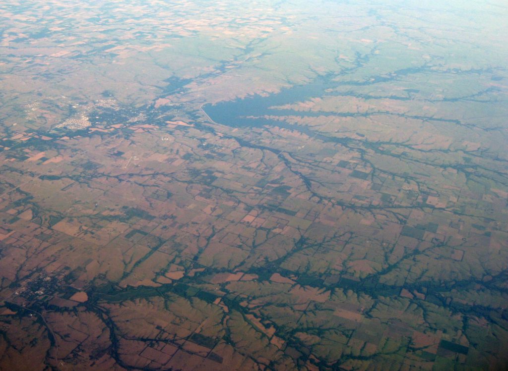 Aerial view of El Dorado Lake and the city of El Dorado, Kansas