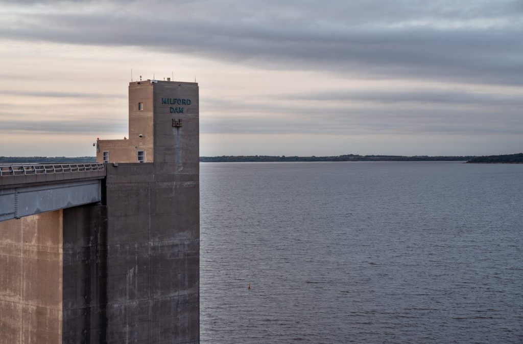 Milford Dam on the Republican River, which forms Milford Lake